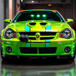 A sleek neon green 2005 Dodge Neon SRT-4 with teal stripes, featuring a sporty and aggressive design