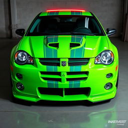 A sleek neon green 2005 Dodge Neon SRT-4 with teal stripes, featuring a sporty and aggressive design