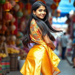 A stunning Indian girl in her late teens, wearing form-fitting golden leggings and a colorful, stylish kurta with a high slit, showcasing her graceful back