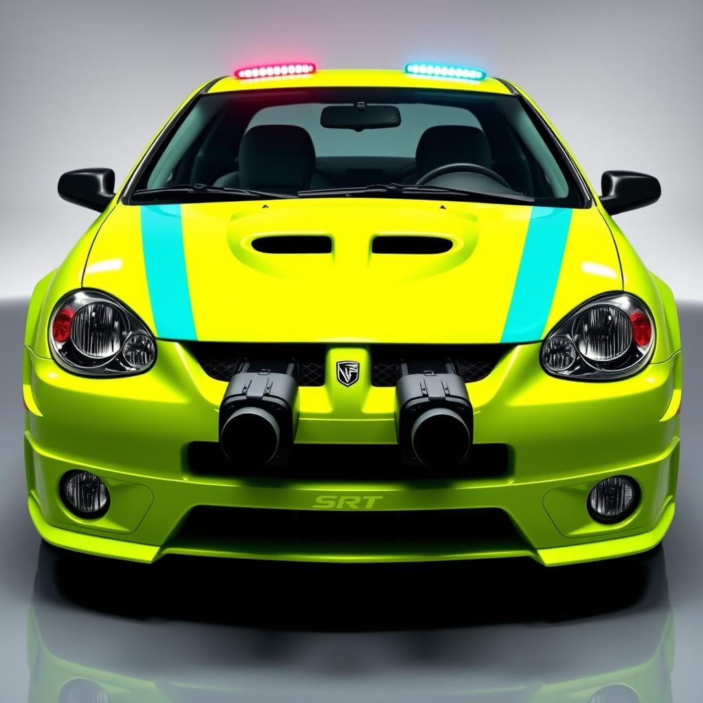 A sleek neon green 2005 Dodge Neon SRT-4 with striking teal stripes, showcasing a dynamic and sporty profile