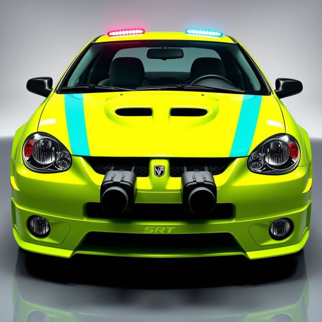 A sleek neon green 2005 Dodge Neon SRT-4 with striking teal stripes, showcasing a dynamic and sporty profile