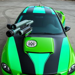 A sleek neon green 2005 Dodge Neon SRT-4 with striking teal stripes, showcasing a dynamic and sporty profile