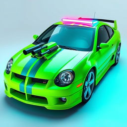 A sleek neon green 2005 Dodge Neon SRT-4 with striking teal stripes, showcasing a dynamic and sporty profile