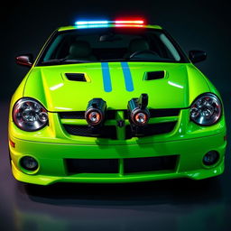 A sleek neon green 2005 Dodge Neon SRT-4 with striking teal stripes, showcasing a dynamic and sporty profile