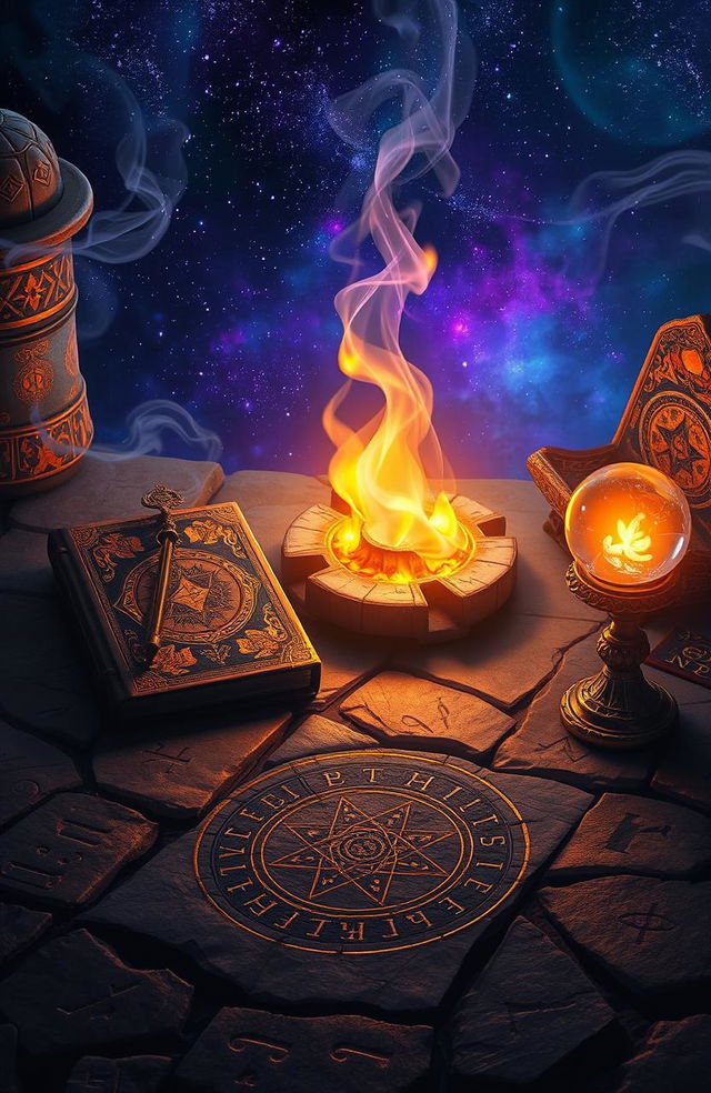 A mystical scene depicting the 'Embers of the Arcanum', featuring glowing embers floating in the air, surrounded by ancient runes and sigils etched into a worn stone floor