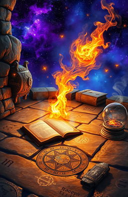 A mystical scene depicting the 'Embers of the Arcanum', featuring glowing embers floating in the air, surrounded by ancient runes and sigils etched into a worn stone floor