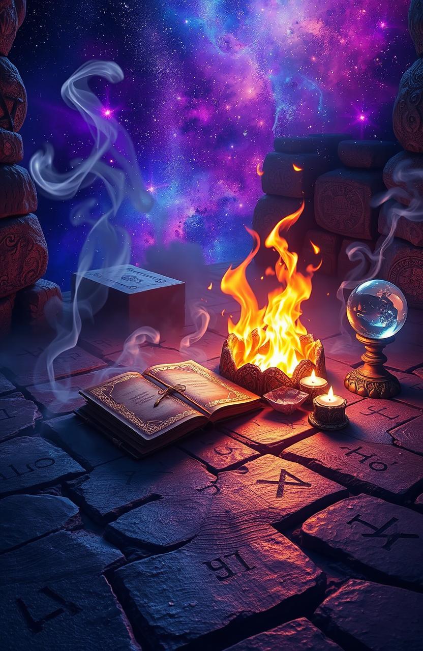 A mystical scene depicting the 'Embers of the Arcanum', featuring glowing embers floating in the air, surrounded by ancient runes and sigils etched into a worn stone floor