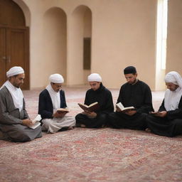 A diverse group of people peacefully reading the holy Quran book in a quiet, respectful environment.