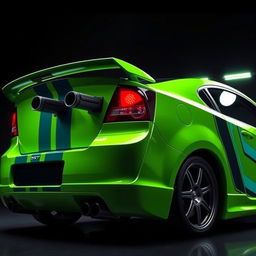 A sleek neon green 2005 Dodge Neon SRT-4 with teal stripes, captured in a dramatic rear side view