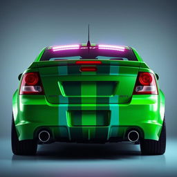 A sleek neon green 2005 Dodge Neon SRT-4 with teal stripes, captured in a dramatic rear side view