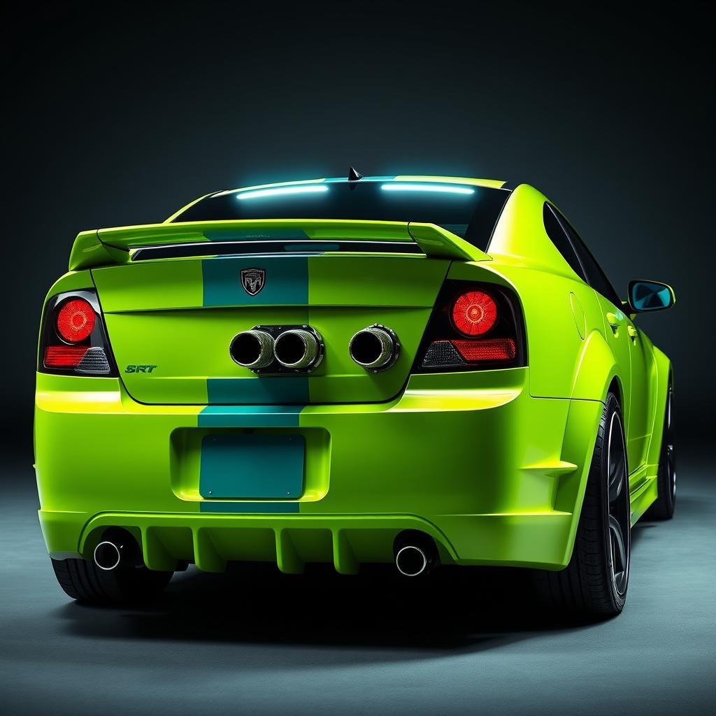 A sleek neon green 2005 Dodge Neon SRT-4 with teal stripes, captured in a dramatic rear side view