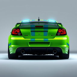 A sleek neon green 2005 Dodge Neon SRT-4 with teal stripes, captured in a dramatic rear side view