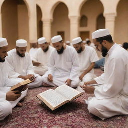 A diverse group of people peacefully reading the holy Quran book in a quiet, respectful environment.