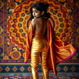 A young Indian girl wearing sexy golden leggings that hug her form, showcasing her back