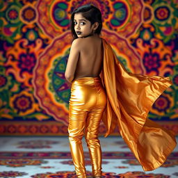 A young Indian girl wearing sexy golden leggings that hug her form, showcasing her back