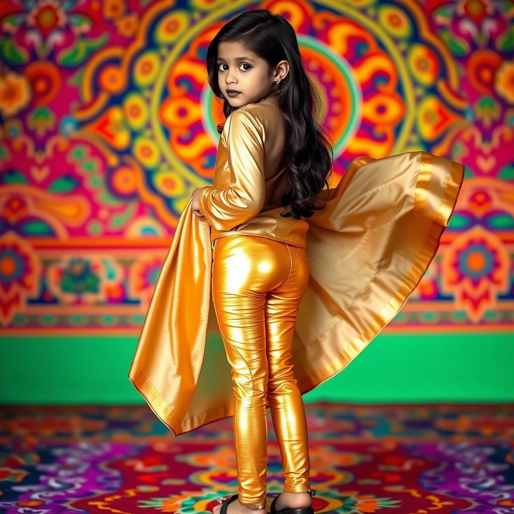 A young Indian girl wearing sexy golden leggings that hug her form, showcasing her back