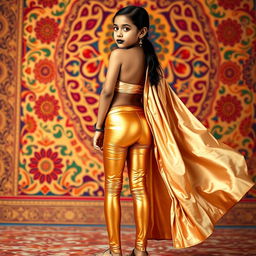 A young Indian girl wearing sexy golden leggings that hug her form, showcasing her back