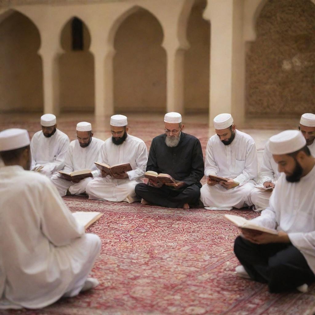 A diverse group of people peacefully reading the holy Quran book in a quiet, respectful environment.