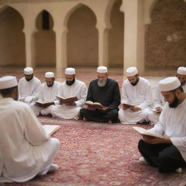 A diverse group of people peacefully reading the holy Quran book in a quiet, respectful environment.