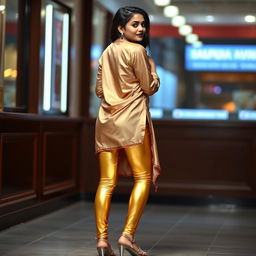 A fashionable Indian girl showcasing her style, wearing shiny golden leggings that hug her curves, emphasizing her elegant back