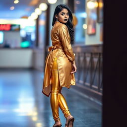 A fashionable Indian girl showcasing her style, wearing shiny golden leggings that hug her curves, emphasizing her elegant back