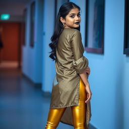 A fashionable Indian girl showcasing her style, wearing shiny golden leggings that hug her curves, emphasizing her elegant back