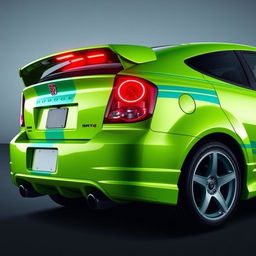 A sleek neon green 2005 Dodge Neon SRT-4 with vibrant teal stripes, captured in a dramatic rear side view