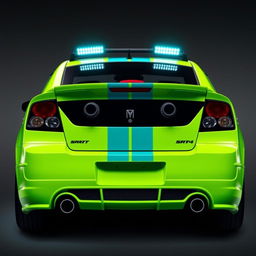 A sleek neon green 2005 Dodge Neon SRT-4 with vibrant teal stripes, captured in a dramatic rear side view