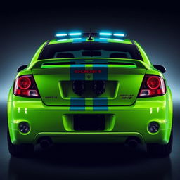 A sleek neon green 2005 Dodge Neon SRT-4 with vibrant teal stripes, captured in a dramatic rear side view