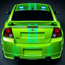 A sleek neon green 2005 Dodge Neon SRT-4 with vibrant teal stripes, captured in a dramatic rear side view