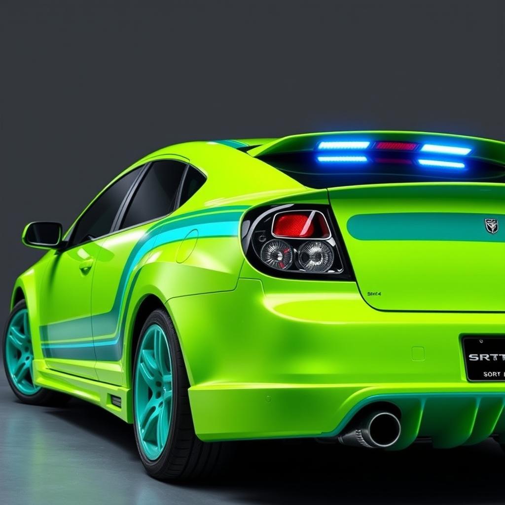 A sleek neon green 2005 Dodge Neon SRT-4 with vibrant teal stripes, captured in an impressive rear side view