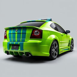 A sleek neon green 2005 Dodge Neon SRT-4 with vibrant teal stripes, captured in an impressive rear side view