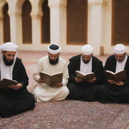 A diverse group of people peacefully reading the holy Quran book in a quiet, respectful environment.