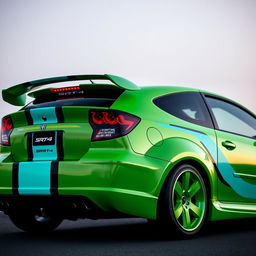 A sleek neon green 2005 Dodge Neon SRT-4 with vibrant teal stripes, captured in an impressive rear side view