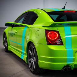 A sleek neon green 2005 Dodge Neon SRT-4 with vibrant teal stripes, captured in an impressive rear side view