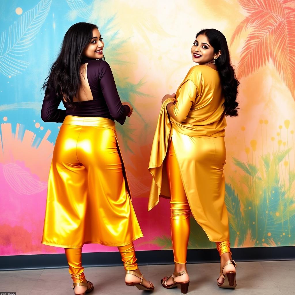 Two fashionable Indian girls embracing their style, wearing shiny golden tight leggings that accentuate their figures, showcasing their elegant backs