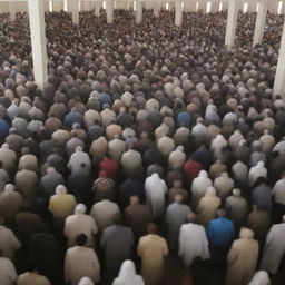 An inspirational scene of a large, diverse group of people praying together in a mosque, demonstrating unity and peace.