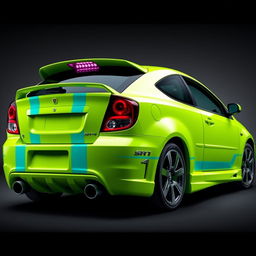 A sleek neon green 2005 Dodge Neon SRT-4 adorned with striking teal stripes, showcased in a captivating rear side view