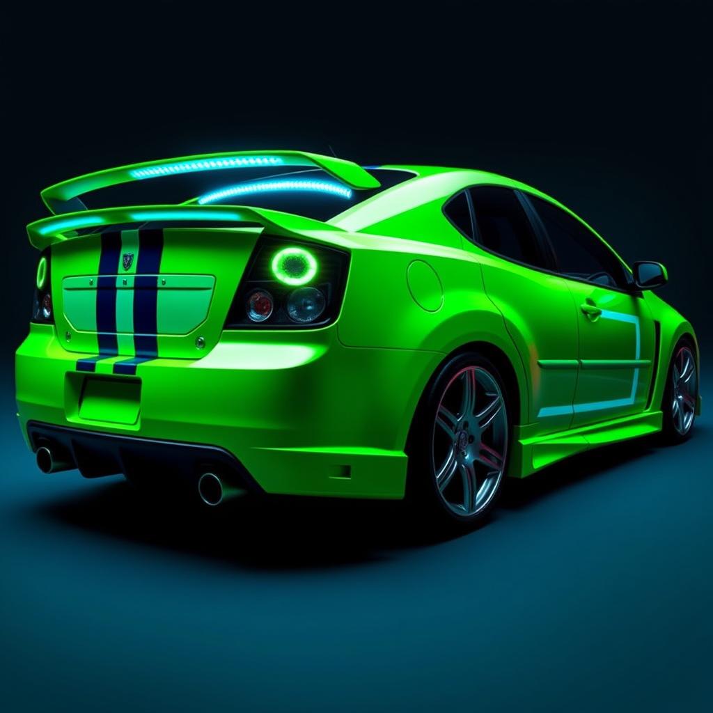 A sleek neon green 2005 Dodge Neon SRT-4 adorned with striking teal stripes, showcased in a captivating rear side view