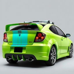 A sleek neon green 2005 Dodge Neon SRT-4 adorned with striking teal stripes, showcased in a captivating rear side view