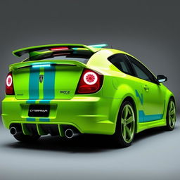 A sleek neon green 2005 Dodge Neon SRT-4 adorned with striking teal stripes, showcased in a captivating rear side view