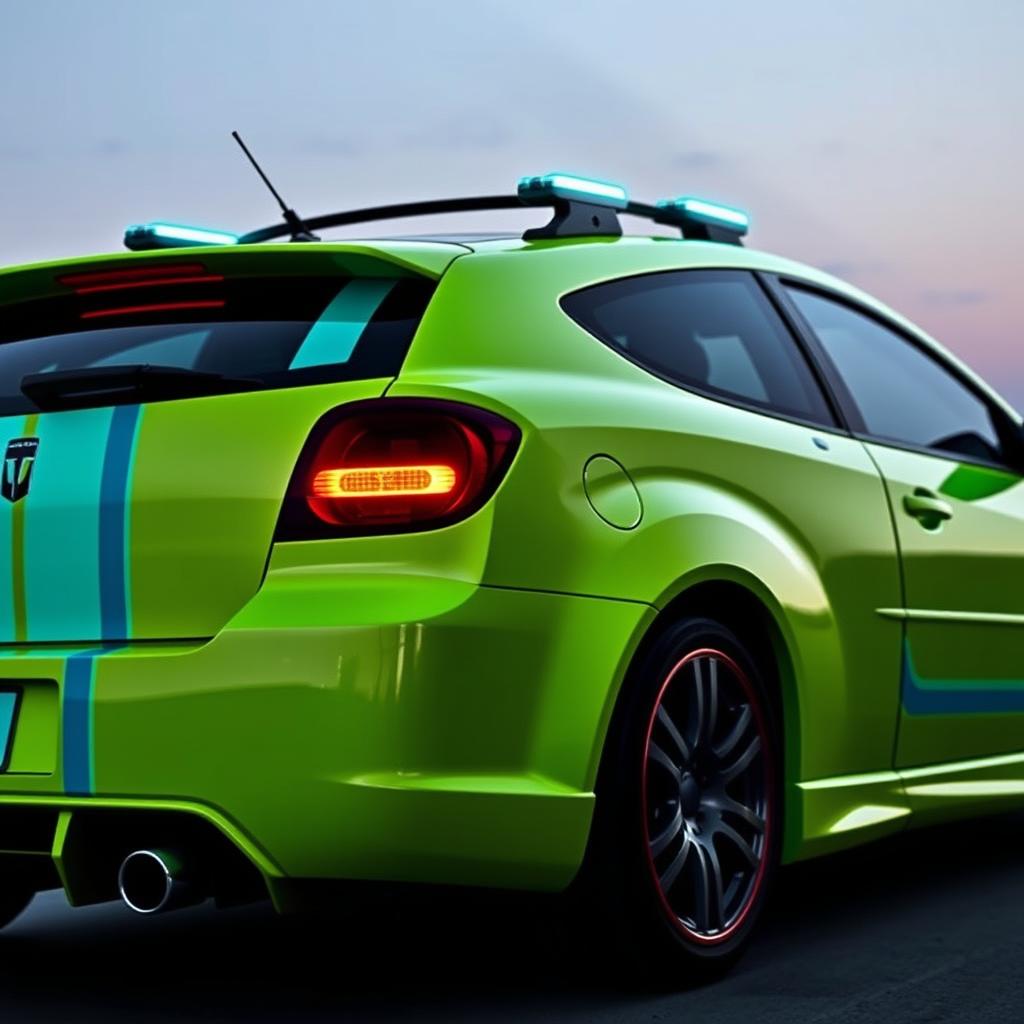 A sleek neon green 2005 Dodge Neon SRT-4 featuring striking teal stripes, showcased in a captivating rear side view