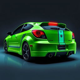 A sleek neon green 2005 Dodge Neon SRT-4 featuring striking teal stripes, showcased in a captivating rear side view