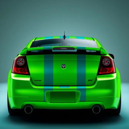 A sleek neon green 2005 Dodge Neon SRT-4 featuring striking teal stripes, showcased in a captivating rear side view