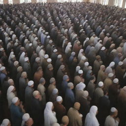 An inspirational scene of a large, diverse group of people praying together in a mosque, demonstrating unity and peace.