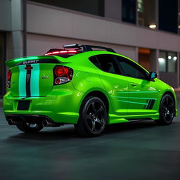 A sleek neon green 2005 Dodge Neon SRT-4 with striking teal stripes, displayed in a captivating rear side view