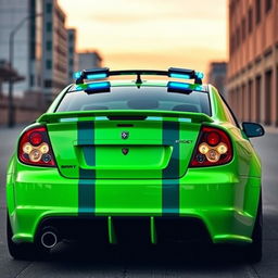 A sleek neon green 2005 Dodge Neon SRT-4 with striking teal stripes, displayed in a captivating rear side view