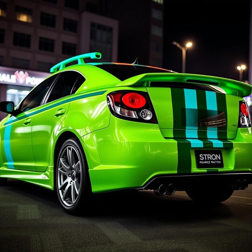 A sleek neon green 2005 Dodge Neon SRT-4 with striking teal stripes, displayed in a captivating rear side view