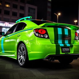 A sleek neon green 2005 Dodge Neon SRT-4 with striking teal stripes, displayed in a captivating rear side view