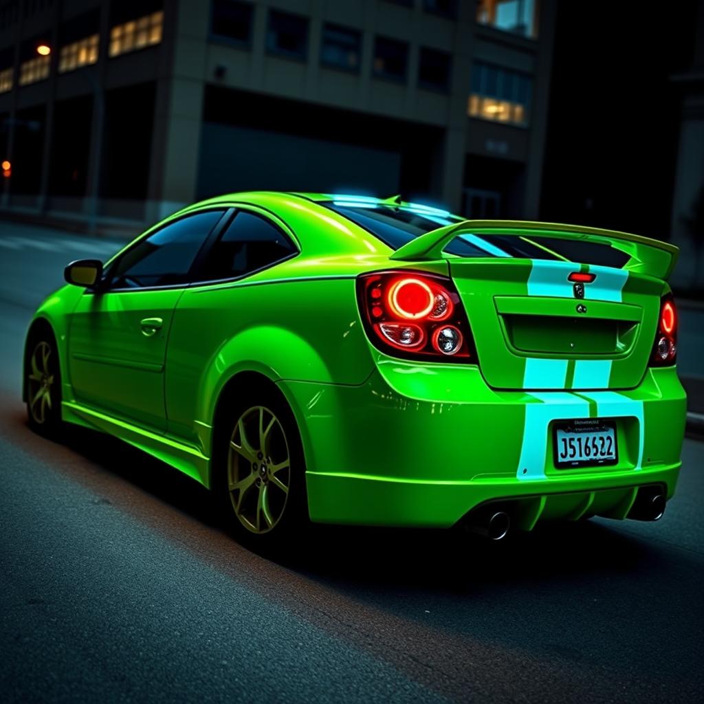 A sleek neon green 2005 Dodge Neon SRT-4 with striking teal stripes, displayed in a captivating rear side view